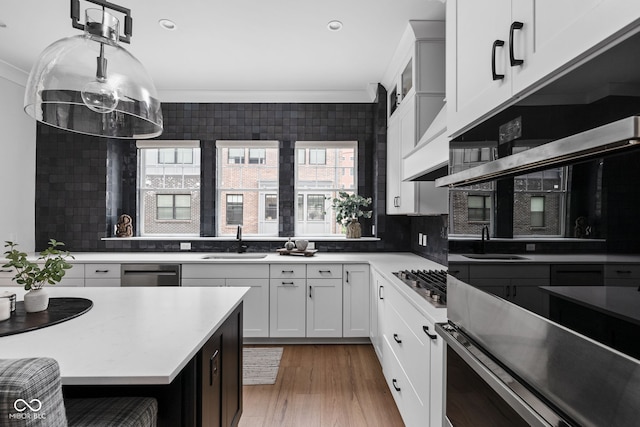 kitchen with crown molding, stainless steel appliances, light wood-type flooring, and a sink