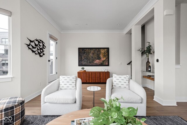 living area with ornamental molding, wood finished floors, and a wealth of natural light