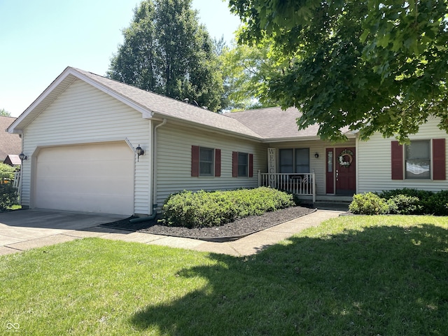 4611 29th St, Columbus, IN 47203 - ranch-style home featuring an attached garage, a porch, driveway, a front lawn, and roof with shingles