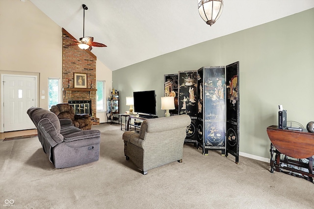 11620 E 75th St, Indianapolis, IN 46236 - living room featuring carpet floors, a ceiling fan, high vaulted ceiling, baseboards, and a brick fireplace