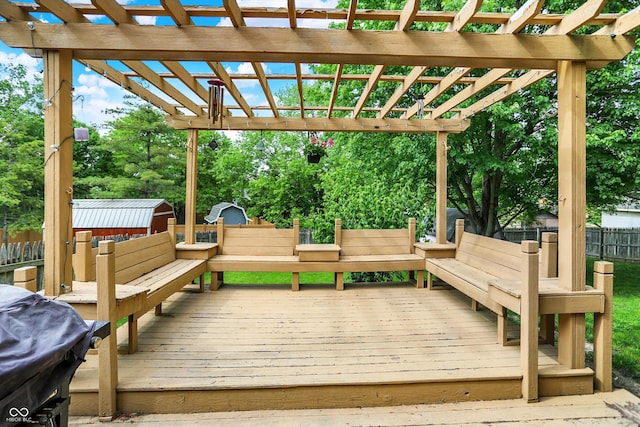 11620 E 75th St, Indianapolis, IN 46236 - wooden deck featuring a shed, a fenced backyard, a pergola, an outbuilding, and view of wooded area