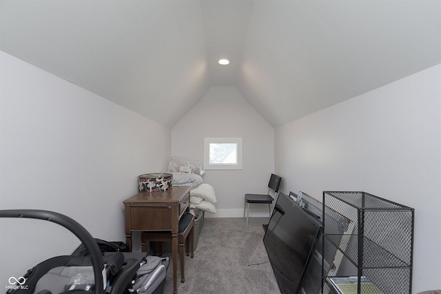 825 Iowa St, Indianapolis, IN 46203 - interior space featuring carpet, vaulted ceiling, baseboards, and recessed lighting
