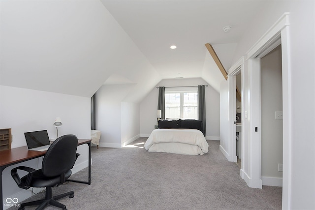 825 Iowa St, Indianapolis, IN 46203 - bedroom with lofted ceiling, carpet, baseboards, and recessed lighting