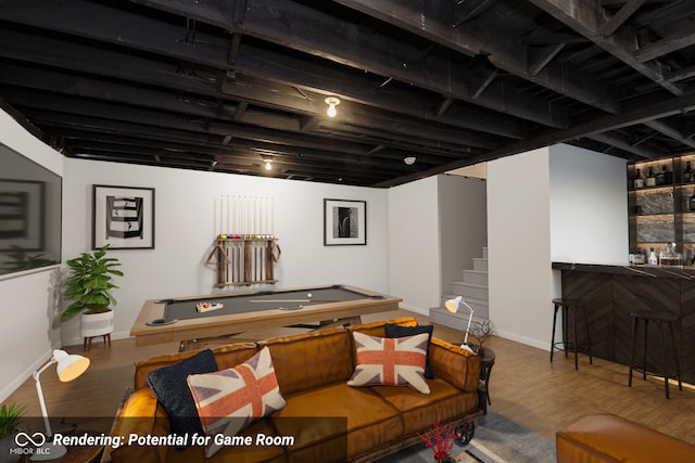 825 Iowa St, Indianapolis, IN 46203 - living room featuring pool table, baseboards, bar, wood finished floors, and stairway