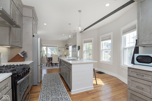 825 Iowa St, Indianapolis, IN 46203 - kitchen featuring a sink, wall chimney range hood, stainless steel appliances, light wood-type flooring, and gray cabinets