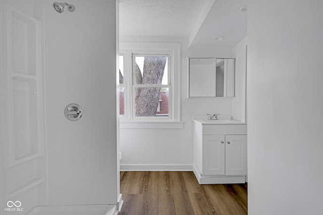555 S Auburn St, Indianapolis, IN 46241 - bathroom featuring walk in shower, vanity, a textured ceiling, baseboards, and wood finished floors