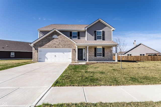 6559 Ambrosia Ln, Pendleton, IN 46064 - traditional-style house with brick siding, fence, a front lawn, concrete driveway, and an attached garage