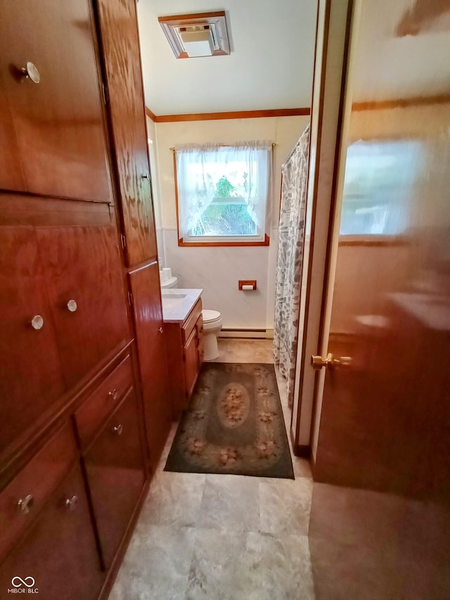 full bath featuring toilet, curtained shower, and vanity