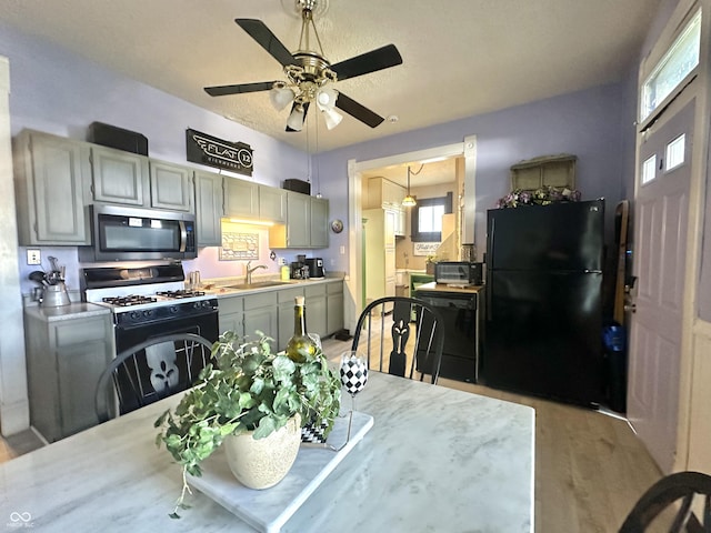2119 S Garfield Dr, Indianapolis, IN 46203 - kitchen with black appliances, a sink, light countertops, ceiling fan, and light wood-style floors