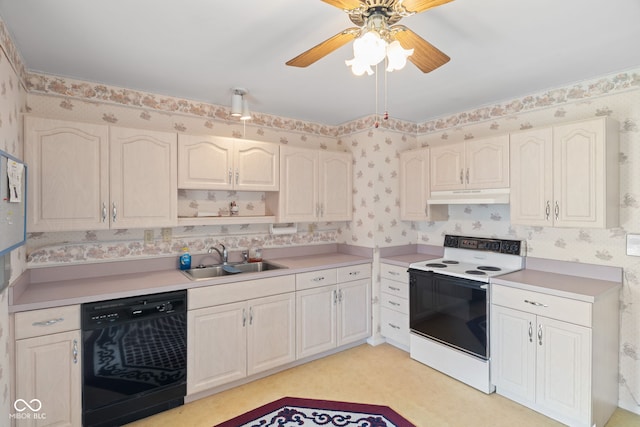 kitchen featuring black dishwasher, wallpapered walls, under cabinet range hood, white range with electric stovetop, and a sink