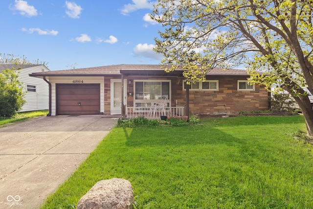 ranch-style house featuring roof with shingles, a front lawn, concrete driveway, an attached garage, and stone siding