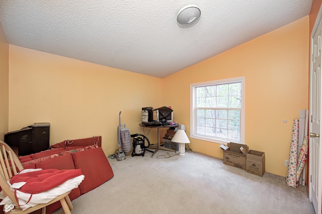 living area featuring a textured ceiling, carpet, and vaulted ceiling