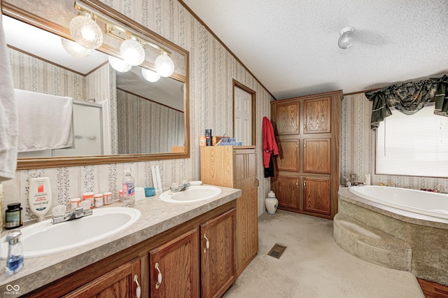 full bathroom with a garden tub, a sink, double vanity, and wallpapered walls