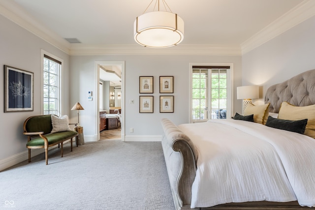 bedroom with ensuite bathroom, ornamental molding, carpet, visible vents, and baseboards