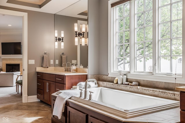 bathroom with vanity, a healthy amount of sunlight, a fireplace, and a bath