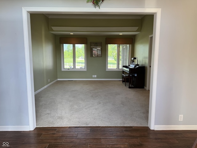 spare room with baseboards, dark carpet, and dark wood-type flooring
