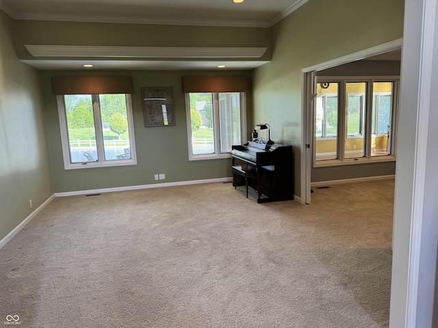 sitting room featuring ornamental molding, baseboards, carpet, and recessed lighting