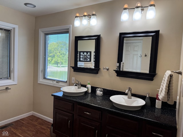 bathroom featuring wood finished floors, double vanity, and baseboards
