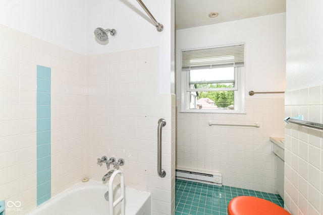 full bath with a baseboard heating unit, tile walls, tile patterned flooring, shower / washtub combination, and toilet