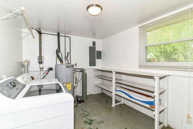 laundry room with separate washer and dryer, electric panel, and water heater