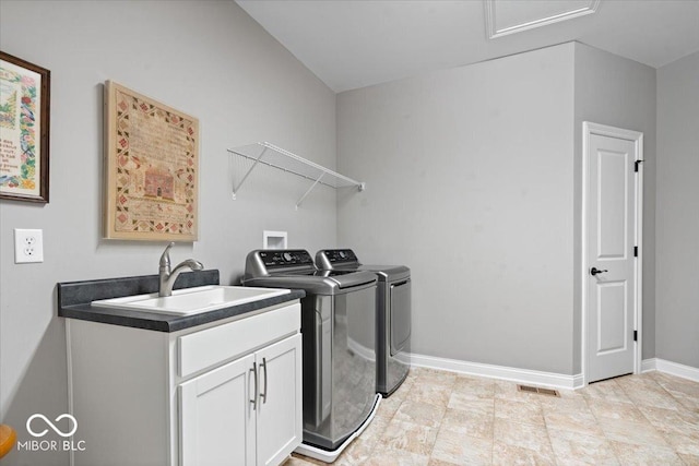 1013 Domino Dr, Carmel, IN 46032 - clothes washing area with cabinet space, a sink, baseboards, visible vents, and washing machine and dryer