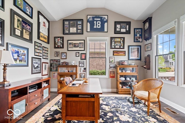 1013 Domino Dr, Carmel, IN 46032 - home office with baseboards, vaulted ceiling, wood finished floors, and visible vents