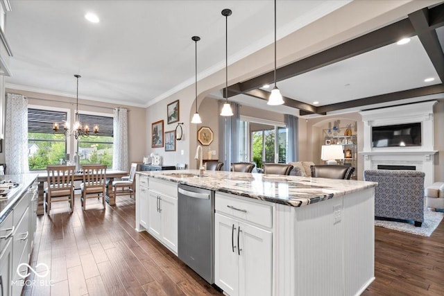 1013 Domino Dr, Carmel, IN 46032 - kitchen featuring open floor plan, dark wood-type flooring, light stone counters, a sink, and dishwasher