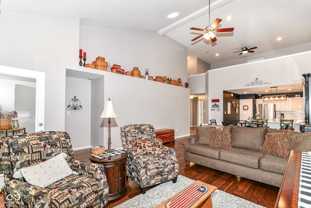 12092 Sugar Creek Rd, Noblesville, IN 46060 - living area featuring a ceiling fan, wood finished floors, high vaulted ceiling, beamed ceiling, and baseboards