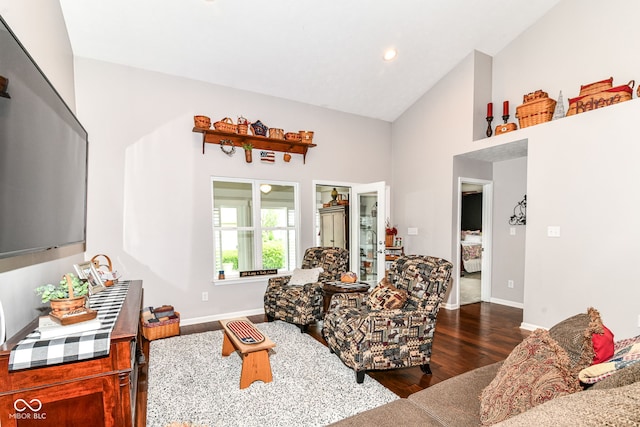 12092 Sugar Creek Rd, Noblesville, IN 46060 - living area featuring dark wood-type flooring, baseboards, high vaulted ceiling, and recessed lighting