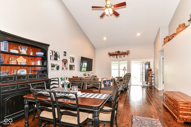 12092 Sugar Creek Rd, Noblesville, IN 46060 - dining area with high vaulted ceiling, ceiling fan, and dark wood finished floors