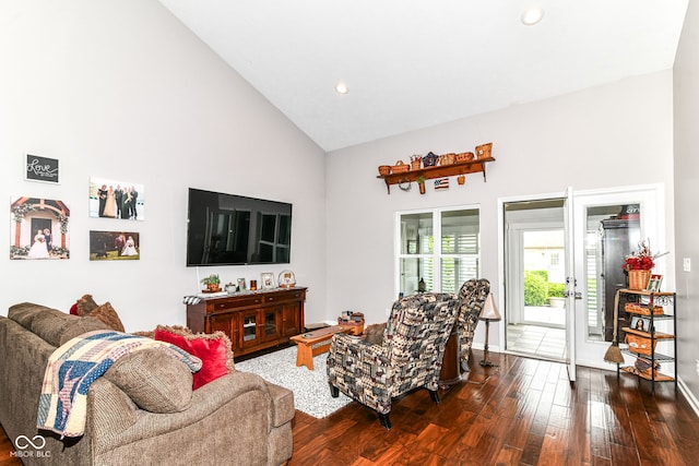 12092 Sugar Creek Rd, Noblesville, IN 46060 - living room with high vaulted ceiling, wood finished floors, baseboards, recessed lighting, and french doors