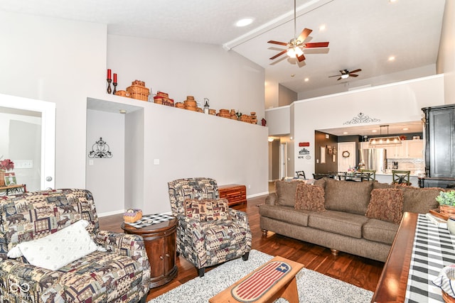 12092 Sugar Creek Rd, Noblesville, IN 46060 - living area featuring a ceiling fan, high vaulted ceiling, wood finished floors, beam ceiling, and baseboards