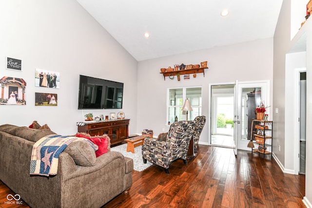 12092 Sugar Creek Rd, Noblesville, IN 46060 - living room with high vaulted ceiling, dark wood-type flooring, baseboards, french doors, and recessed lighting