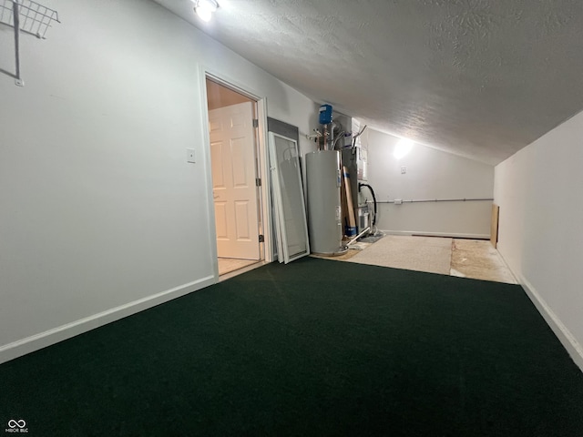 12092 Sugar Creek Rd, Noblesville, IN 46060 - additional living space with electric water heater, a textured ceiling, lofted ceiling, carpet floors, and baseboards