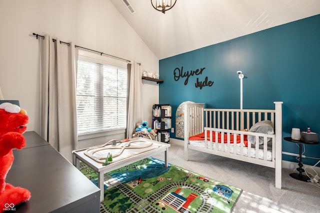 544 N Beville Ave, Indianapolis, IN 46201 - carpeted bedroom with high vaulted ceiling and baseboards