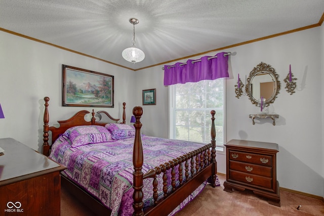 bedroom featuring crown molding, a textured ceiling, carpet, and baseboards