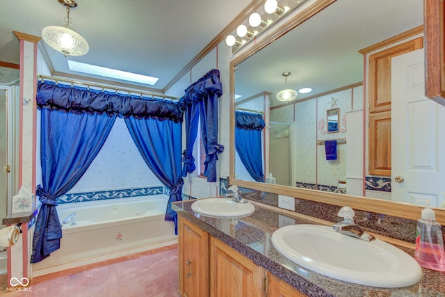 full bathroom featuring a sink, a bathtub, double vanity, and a shower with shower curtain
