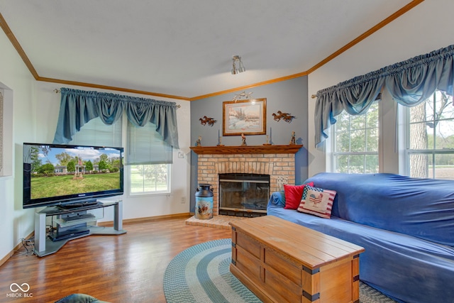 living room with crown molding, baseboards, wood finished floors, and lofted ceiling