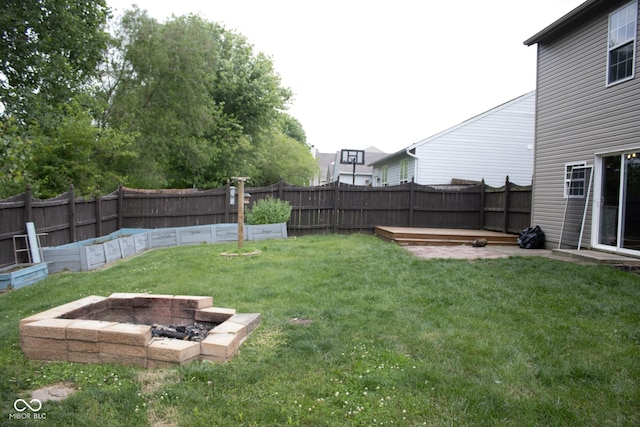 8912 Hosta Way, Indianapolis, IN 46113 - fenced backyard with a fire pit and a wooden deck