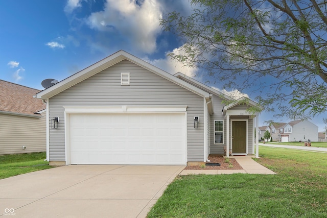 ranch-style home with an attached garage, a front lawn, and driveway