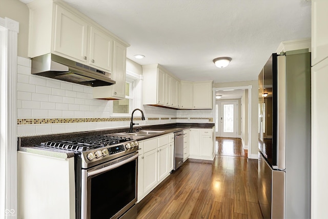 kitchen featuring stainless steel appliances, under cabinet range hood, a sink, and dark countertops