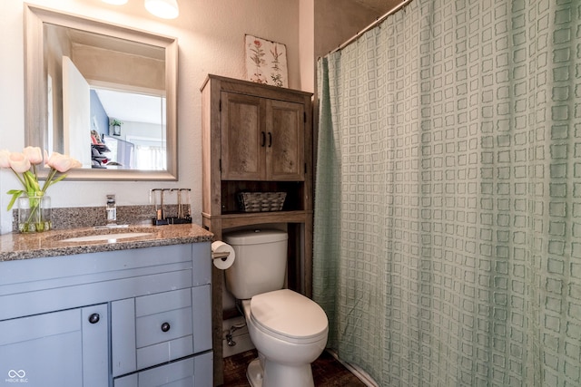 full bath featuring vanity, toilet, and a shower with curtain