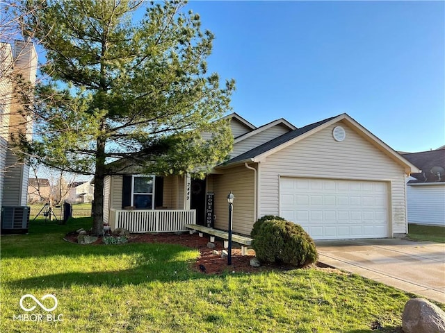 view of front of property featuring cooling unit, covered porch, an attached garage, concrete driveway, and a front lawn