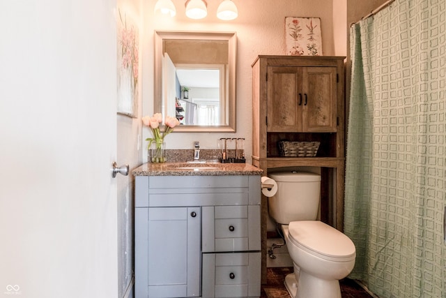 bathroom with vanity, toilet, and a shower with curtain