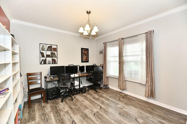 home office with crown molding, baseboards, an inviting chandelier, and wood finished floors