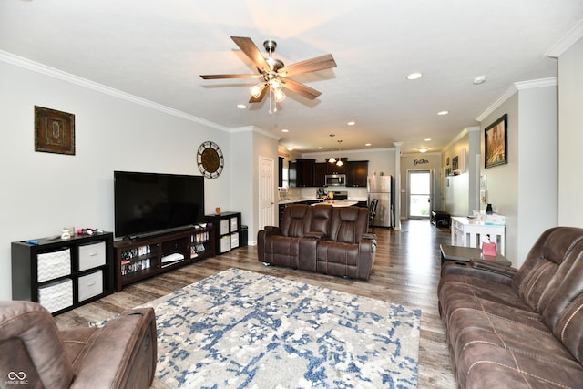 998 Cass Dr, Franklin, IN 46131 - living area with crown molding, recessed lighting, ceiling fan, and dark wood finished floors