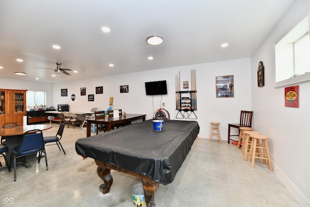 recreation room with billiards, a ceiling fan, recessed lighting, and finished concrete floors