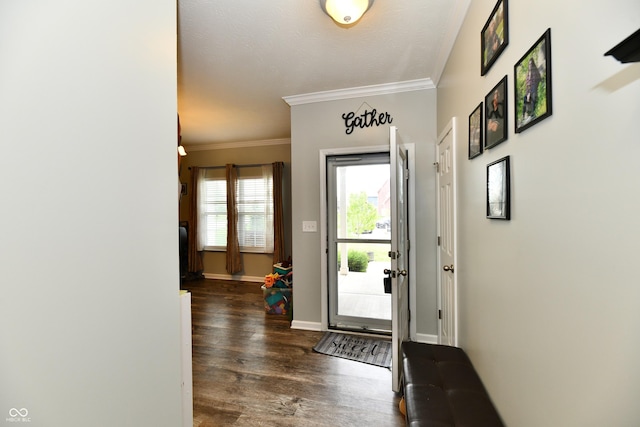 doorway featuring crown molding, baseboards, and wood finished floors