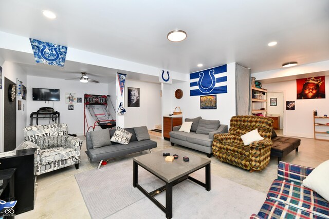 998 Cass Dr, Franklin, IN 46131 - living room with recessed lighting, a ceiling fan, and finished concrete flooring