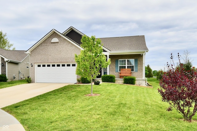 craftsman house featuring a front lawn, brick siding, a shingled roof, an attached garage, and driveway